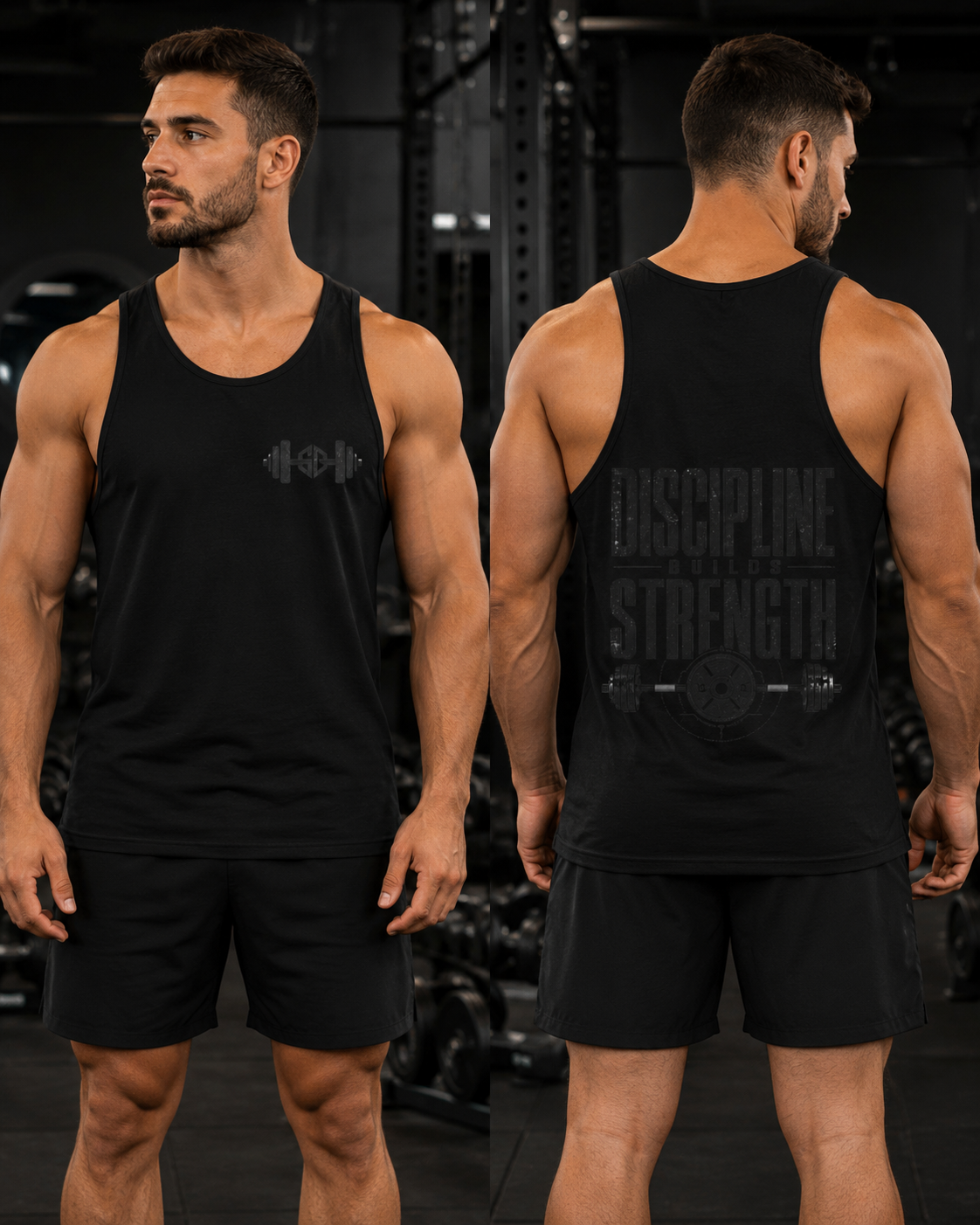 Black barbell logo gym tank top laid on a weight bench with dumbbells in a dark weightlifting gym