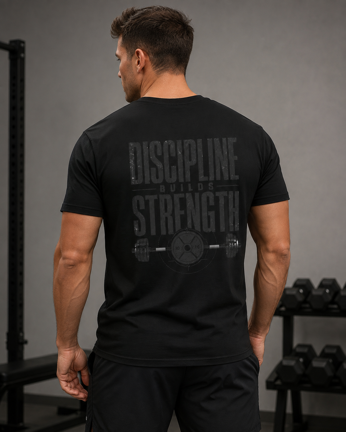 Black Discipline Builds Strength gym shirt with barbell back design and small chest logo