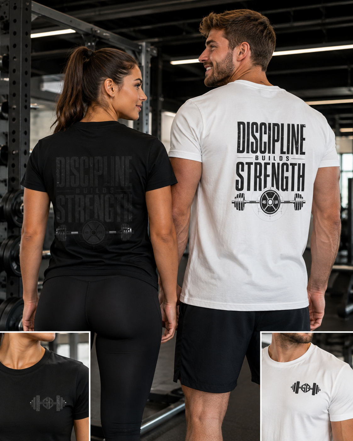 Black and White Discipline Builds Strength gym shirt with barbell back design and small chest logo