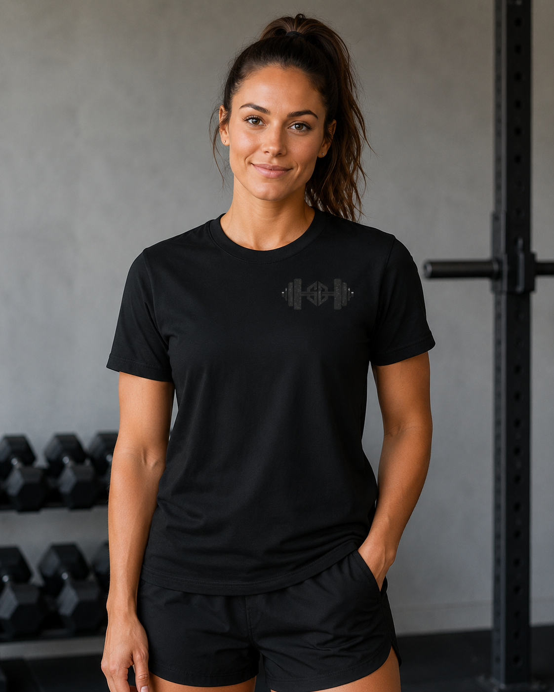 Black Discipline Builds Strength gym shirt with barbell back design and small chest logo