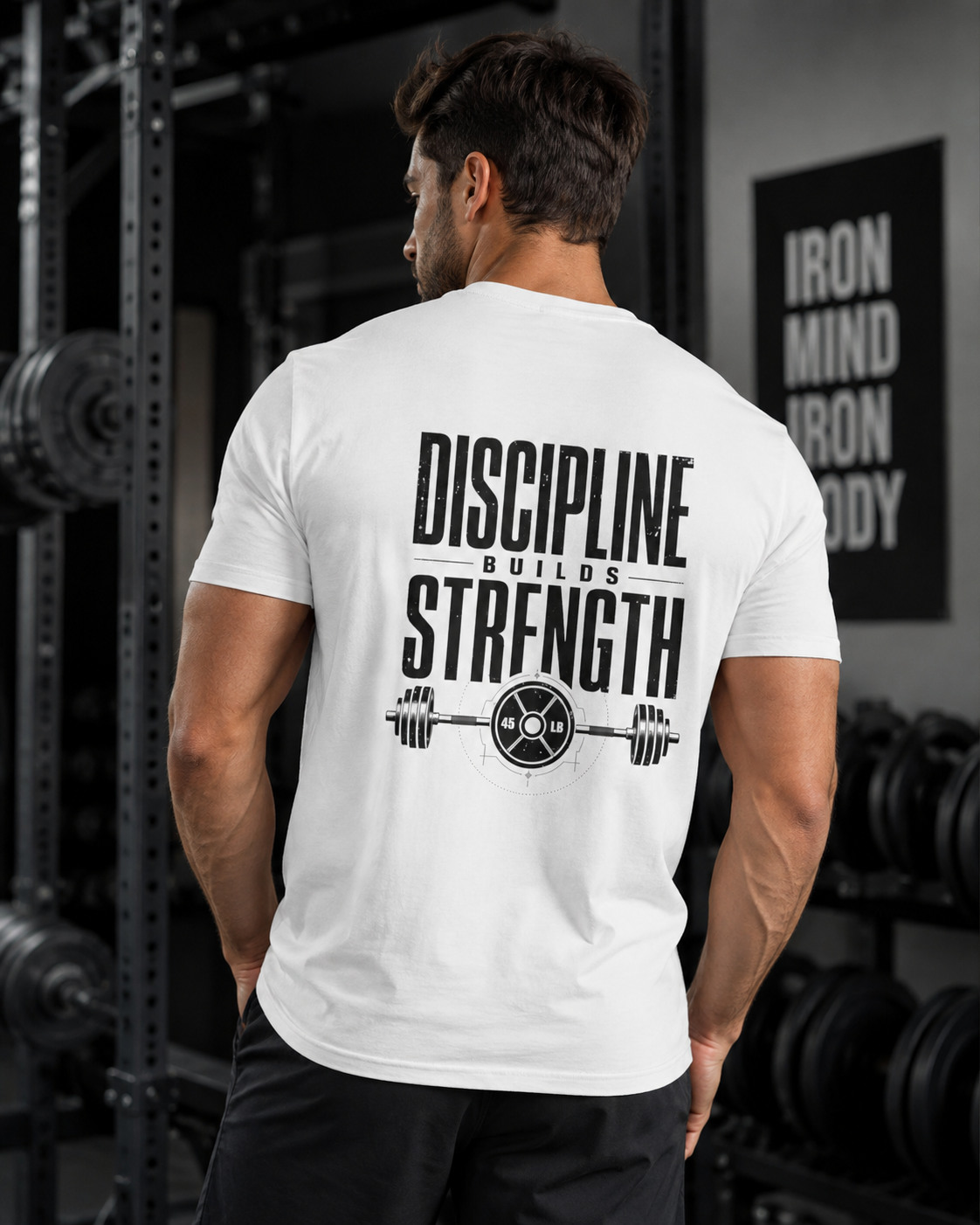 White Discipline Builds Strength gym shirt with barbell back design and small chest logo