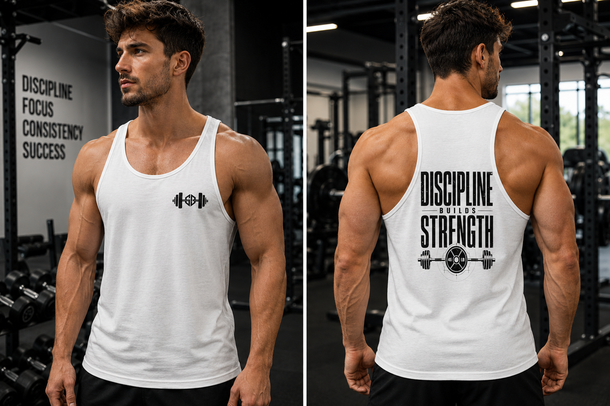 White barbell logo gym tank top laid on a weight bench with dumbbells in a dark weightlifting gym